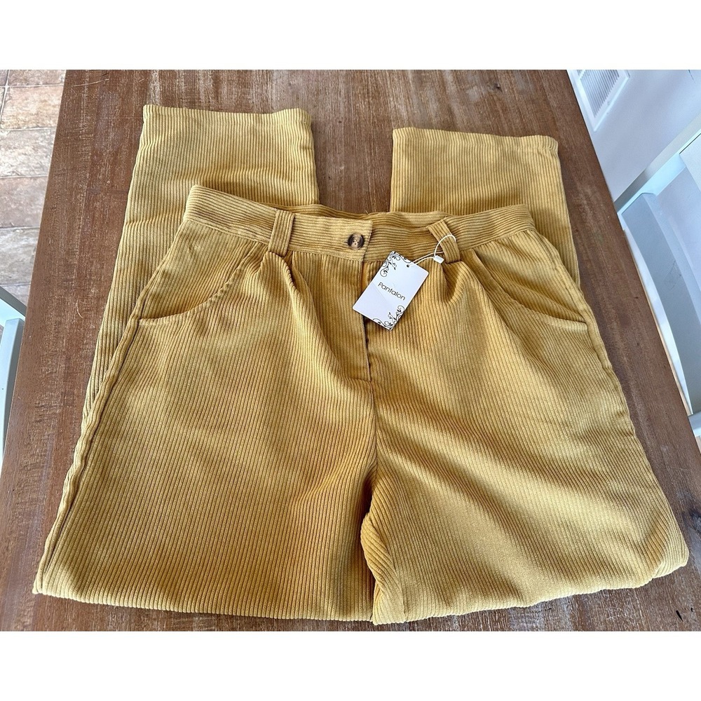 Women's Pantalon Corduroy Pants Wide Leg High Rise Pleated Retro Yellow Sz Large
